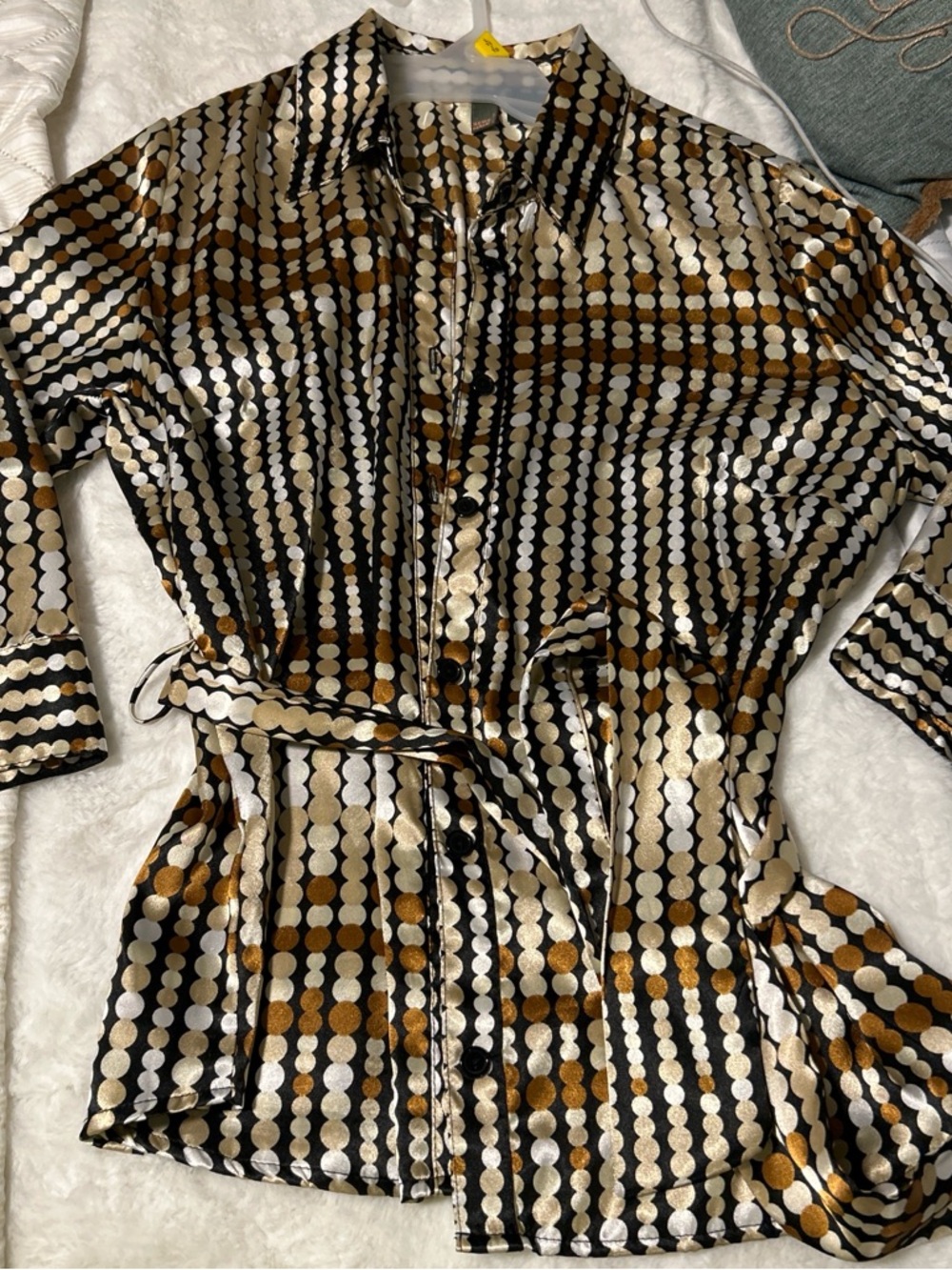 Long-Sleeve Metallic Dot-Stripe Shirt Dress in Gold, Black & Cream